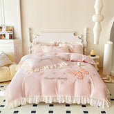 3/4Pcs Korean Princess Style Washed Cotton Three-Dimensional Embroidered Butterfly Queen Size Bedding Set