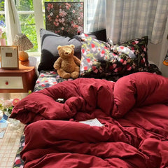 Red Black Duvet Cover Set Ins Floral Twin Queen Size Girls Boys Flat Sheet Pillowcase No Filler Soft Home Decor Bedding Set
