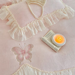 Butterfly Embroidery Lace Ruffles Princess Bedding Set