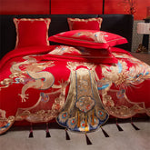 Luxury Gold Dragon Phoenix Embroidery Chinese Style Wedding Bedding Set