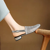 Square Headed Cowhide Woven Elastic Band Breathable Hollow Low Heel