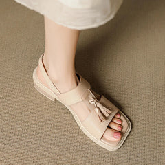 cowhide mid heeled tassel tightly fastened open toed fish mouth Shoes