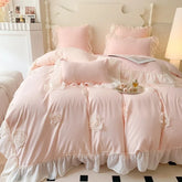 4Pcs French Princess Style Three-Dimensional Rose Flowers White Ruffle 2-Person Cotton Bed Linen Four-Season Pink Bedding Set