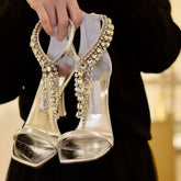 Silver Crystal Chain Open-Toed Sandals