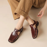 leather cowhide round toe low Heel