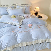 3/4Pcs Korean Princess Style Washed Cotton Three-Dimensional Flower Embroidery Lace Pink Beddings Sets Full Ruffle Duvet Cover