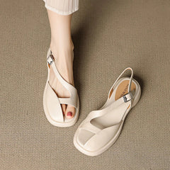 leather cowhide midsole hollow breathable loose buckle thick sole toe Roman Shoes