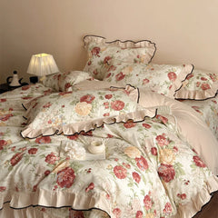 4Pcs Vintage French Floral Ruffles Bedding Set, 100% Cotton, Princess Duvet Cover Set, Quilted Bedspread, Bed Sheet, Pillowcases