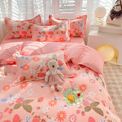 Ins Orange Checkerboard Duvet Cover Flat Sheet Pillowcases Twin Full Double Size Pink Blue Bedding Set