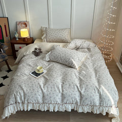 100% Cotton Korean Princess Style Lace Ruffles Flower Print Bedding Set