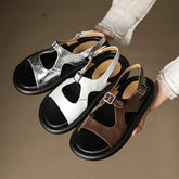 Leather Cowhide Retro Thick-Soled Elastic Buckle Middle Heel