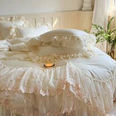 4Pcs Romantic Double Layer Lace Princess Wedding Bedding Set