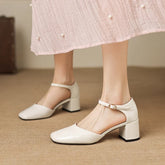 leather cowhide round toe thick Heel