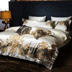 4/6/7Pcs European Luxury Gold Embroidery Satin 1000TC Egyptian Cotton Bedding Set