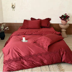 1000TC Egyptian Cotton Red Lace Embroidery Wedding Bedding Set