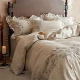 100% Pure Linen Flowers Embroidery Ruffles Luxury Queen King Size Bedding Set