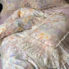 100% Cotton Lace Ruffle Bed Skirt Set Vintage Floral Print Bedding Set