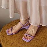 leather cowhide square toe simple elastic buckle middle Heel