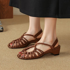 leather cowhide midsole hollow breathable elastic Velcro toe woven round toe Roman Shoes