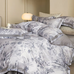 Luxury 600TC Lyocell Cotton Bedding Set, Floral Print Duvet Cover Set with Pillowcases, Soft Silky Bed Sheet/Fitted Sheet 4Pcs