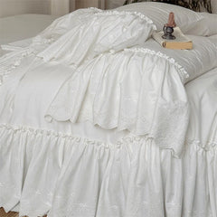 100% Cotton White Pleated Ruffles Princess Wedding Bedding Set