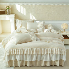 Cotton Linen Blend Vintage French Style Double Layer Lace Ruffles Princess Bedding Set