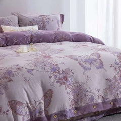100% Cotton Butterfly Flowers Jacquard Purple Luxury Bedding Set