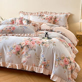 100% Cotton Vintage Rose Bedding Set, Ruffle Floral Duvet Cover with Pillowcases, Queen King Size Bed Sheet Set for All Season