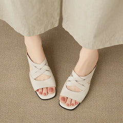 Leather Cowhide Round Head Hollow Breathable Mid Heel