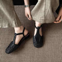 Leather Cowhide Square Toe Retro Low Heel