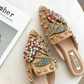 Large Size Women Mules Rivet Half Slippers Female Cherry Rhinestones Pointed Flat Shoes