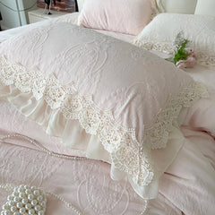 Pink Vintage French Lace Ruffles Carved Velvet Bedding Set