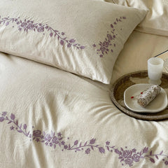Natural Cotton Linen Blend Elegant Flowers Embroidery Luxury Bedding Set
