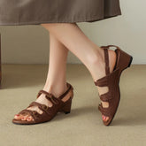 leather cowhide metal three row buckle hollow out middle Heel