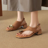 Leather Cowhide Round Toe Rhinestone Clip Toe Loose Grip Open Toe Mid Heel