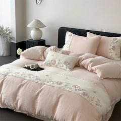 Pink Flowers Embroidery Lace Bedding Set