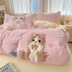Cute Pink Cartoon Cat Bow Towel Embroidery Girls Kids Bedding Set