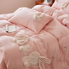 Pink Cute Rabbit Applique Embroidery 100% Cotton Bedding Set
