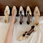 leather square toe high-heeled hollow breathable elastic band with toe cover Shoes