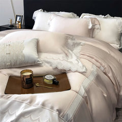 4Pcs Pink Princess Lace Edge Lyocell Eucalyptus Fiber Soft Silky Bedding Set