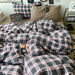 Vintage Plaid Cotton Duvet Cover Set Twin Full Queen Size Soft Bed Flat Sheet Bedding Set