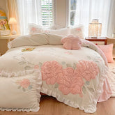 Flowers Embroidery Ruffles Velvet Soft Bedding Set
