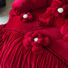 Three-dimensional Flowers Embroidery Ruffles Red Bedding Set