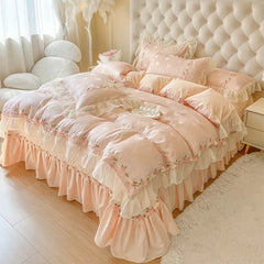 4Pcs Pure Cotton French Flowers Lace Ruffles Princess Wedding Bedding Set