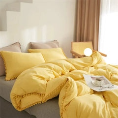Twin Queen Size Solid Color Duvet Cover Set Pom Tassel Soft Microfiber Bedding Set