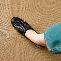 Square Headed Cowhide Woven Elastic Band Breathable Hollow Low Heel