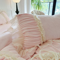 Pink Princess Style Pleated Lace Ruffles Carved Velvet Warm Soft Bedding Set