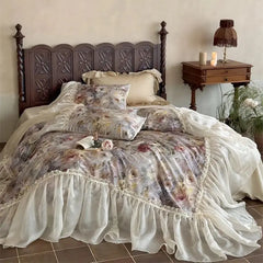 1000TC Egyptian Cotton Vintage Rose Flowers Prints Organza Ruffles Bedding Set