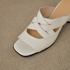 Leather Cowhide Round Head Hollow Breathable Mid Heel