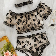 3-teiliges Dessous-Set mit kokettem Nachthemd und floralem Netzstoff